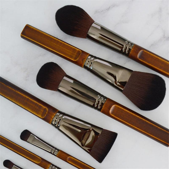 Luxury Vintage Natural Wood 9pcs Makeup Brush Set with Bag - Froliage